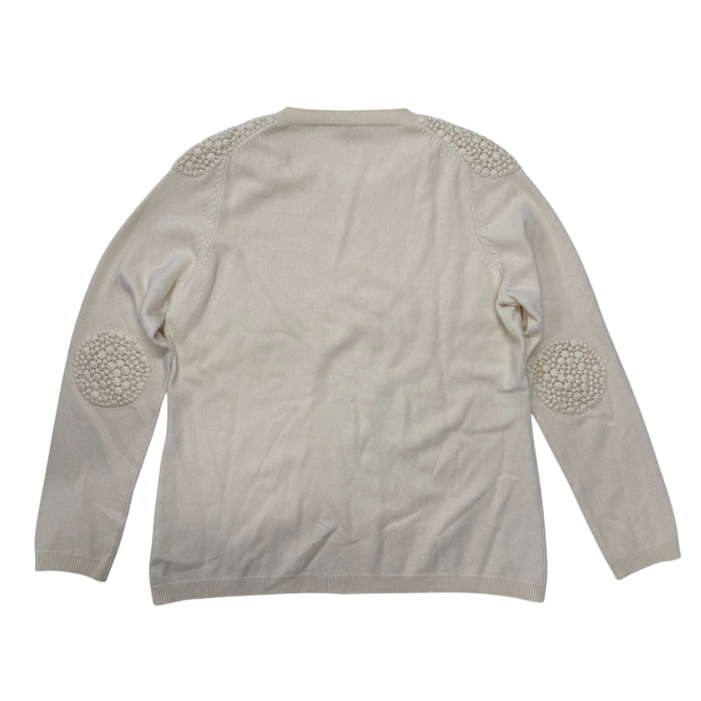 Akris Punto Sweater Wool Cashmere Blend Crochet Shoulder Elbow Patch Cream US 12 - Picture 2 of 9